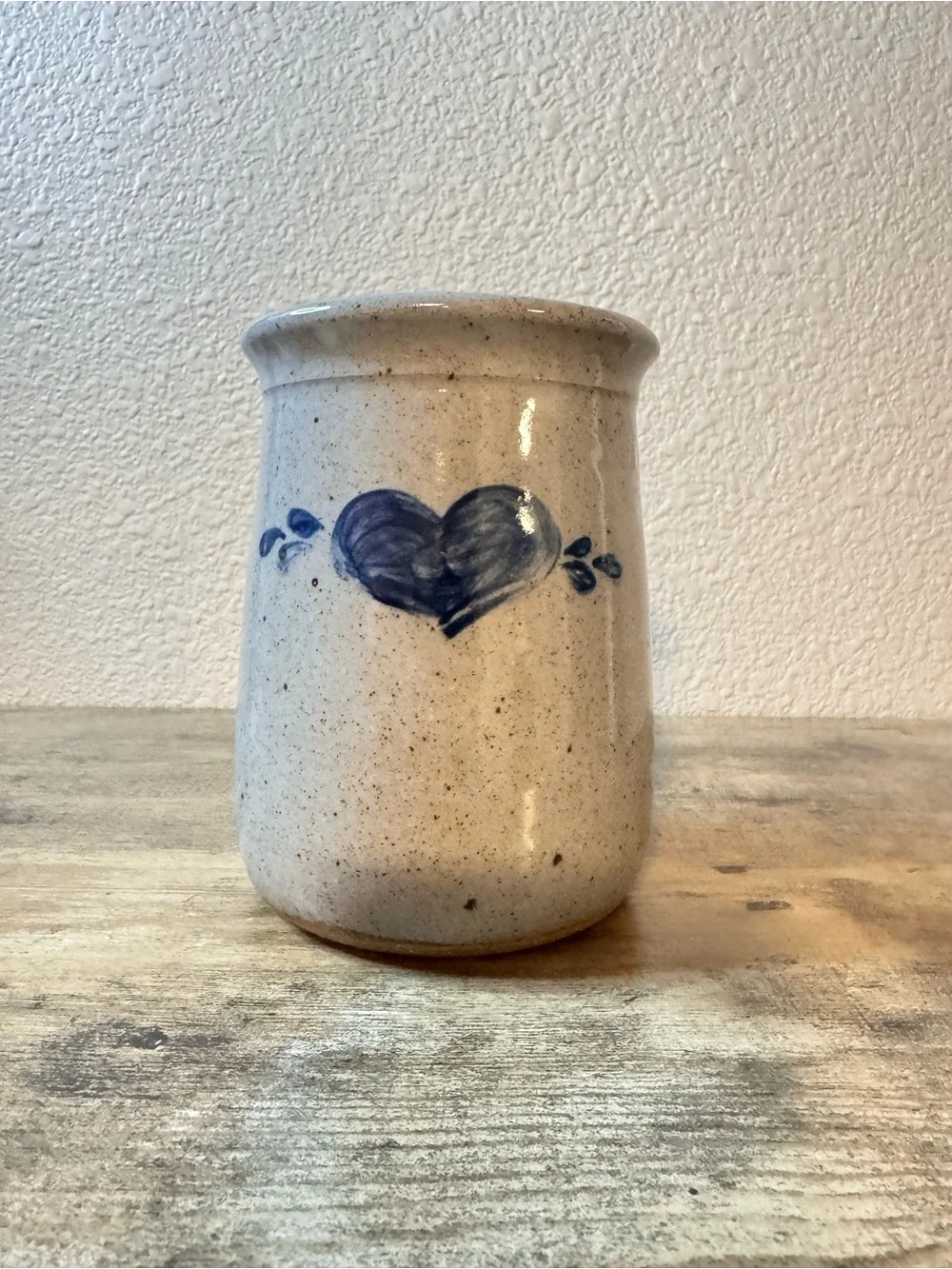 Handmade Blue Heart Stoneware Crock | Signed Pottery Vase